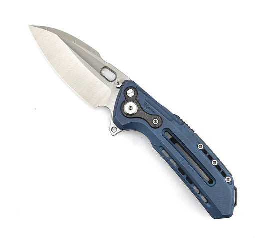 Custom Reate T6000 Frame Lock Flipper Knife 3.1" M390 Belt Satin Drop Point Bead Blasted Titanium Handles Zirconium Spacer Blue Anodized