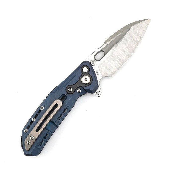 Custom Reate T6000 Frame Lock Flipper Knife 3.1" M390 Belt Satin Drop Point Bead Blasted Titanium Handles Zirconium Spacer Blue Anodized