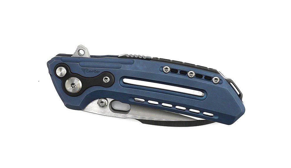 Custom Reate T6000 Frame Lock Flipper Knife 3.1" M390 Belt Satin Drop Point Bead Blasted Titanium Handles Zirconium Spacer Blue Anodized