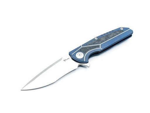 Reate K-4 Flipper 3.75" Damasteel RWL-34 Compound Tanto Blade Blue Titanium Handles Carbon Fiber Inlays