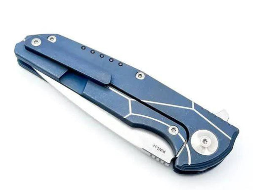 Reate K-4 Flipper 3.75" Damasteel RWL-34 Compound Tanto Blade Blue Titanium Handles Carbon Fiber Inlays