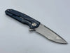 Reate K-4 Flipper 3.75" Damasteel RWL-34 Compound Tanto Blade Blue Titanium Handles Carbon Fiber Inlays