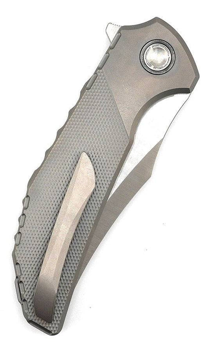 Reate Knives Tiger Liner Lock Flipper 3.75" M390 Satin Compound Recurve Tanto Blade, Bead Blasted Diamond Texture Milled Titanium Handles