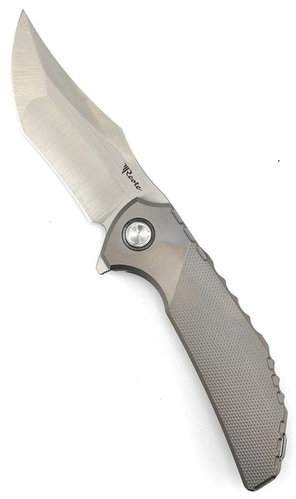 Reate Knives Tiger Liner Lock Flipper 3.75" M390 Satin Compound Recurve Tanto Blade, Bead Blasted Diamond Texture Milled Titanium Handles