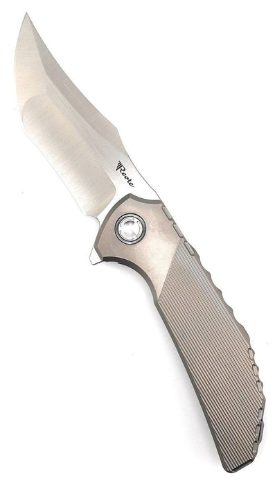 Reate Knives Tiger Liner Lock Flipper 3.75" M390 Satin Compound Recurve Tanto Blade, Bead Blasted Stripe Pattern Milled Titanium Handles