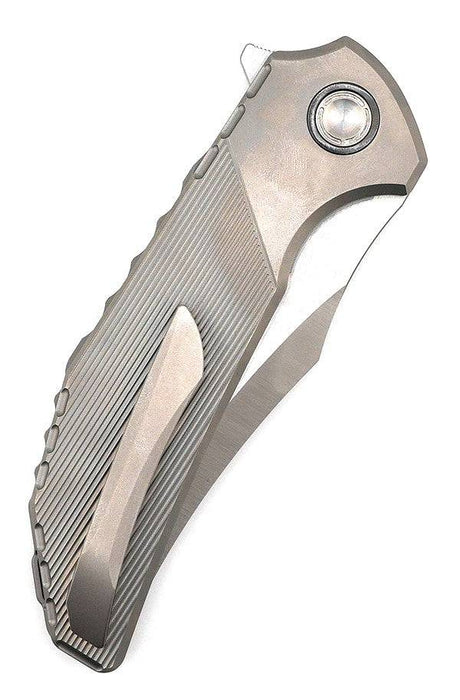 Reate Knives Tiger Liner Lock Flipper 3.75" M390 Satin Compound Recurve Tanto Blade, Bead Blasted Stripe Pattern Milled Titanium Handles