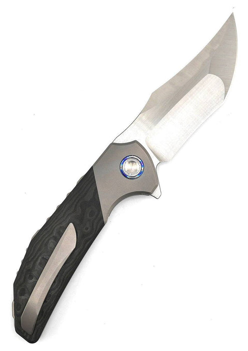 Reate Knives Tiger Liner Lock Flipper 3.75" M390 Satin Compound Recurve Tanto Blade, Black Camo FatCarbon Handles