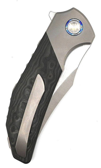 Reate Knives Tiger Liner Lock Flipper 3.75" M390 Satin Compound Recurve Tanto Blade, Black Camo FatCarbon Handles