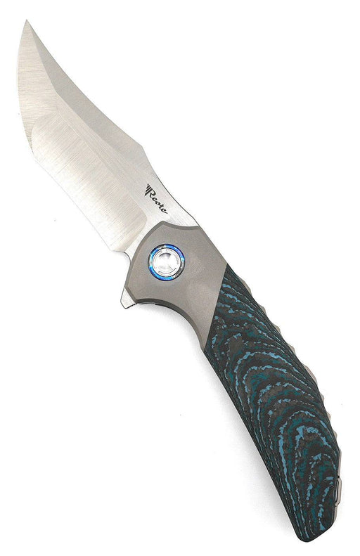 Reate Knives Tiger Liner Lock Flipper 3.75" M390 Satin Compound Recurve Tanto Blade, Crosscut Arctic Storm FatCarbon