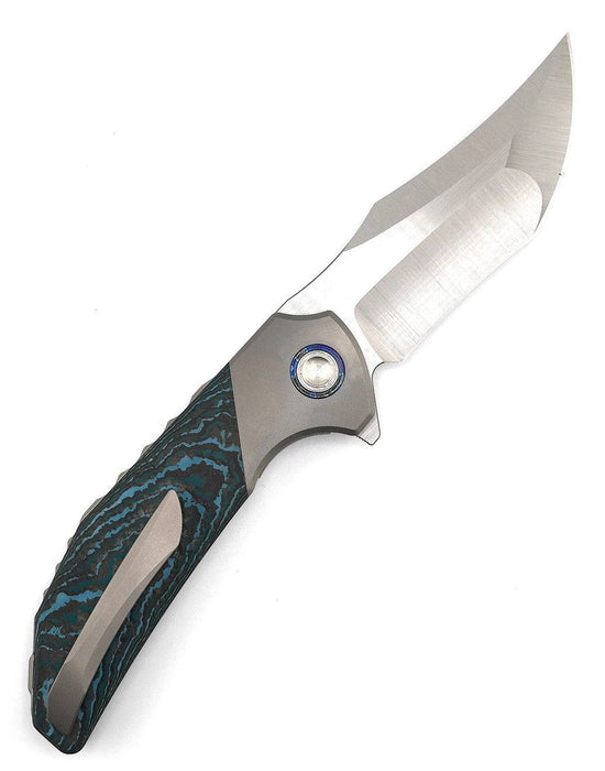 Reate Knives Tiger Liner Lock Flipper 3.75" M390 Satin Compound Recurve Tanto Blade, Crosscut Arctic Storm FatCarbon