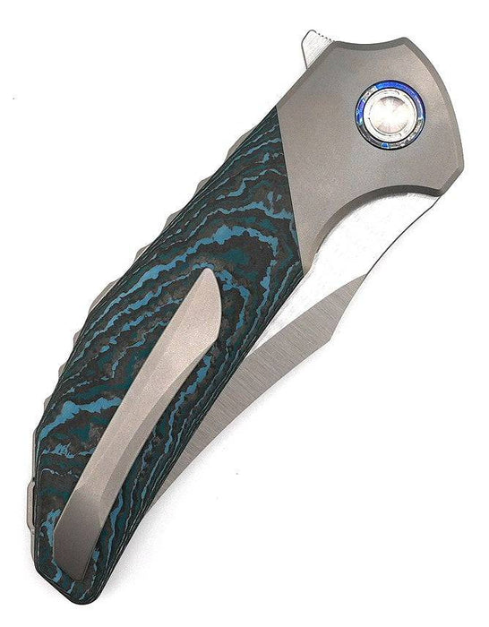 Reate Knives Tiger Liner Lock Flipper 3.75" M390 Satin Compound Recurve Tanto Blade, Crosscut Arctic Storm FatCarbon