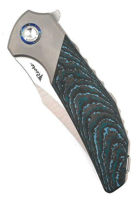 Reate Knives Tiger Liner Lock Flipper 3.75" M390 Satin Compound Recurve Tanto Blade, Crosscut Arctic Storm FatCarbon