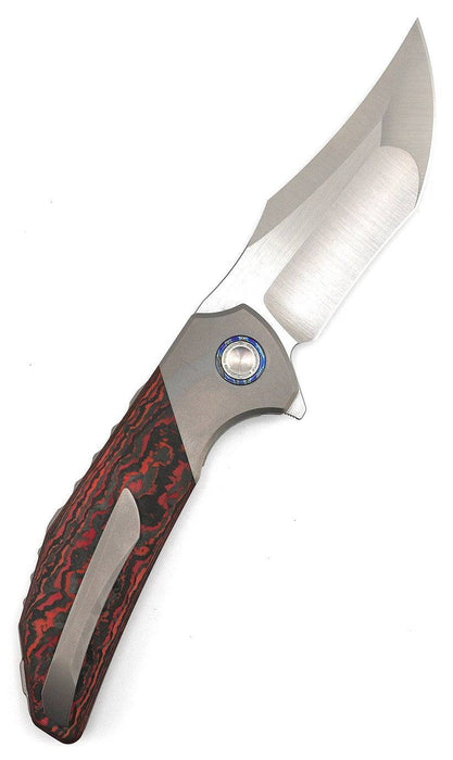 Reate Knives Tiger Liner Lock Flipper 3.75" M390 Satin Compound Recurve Tanto Blade, Lava Flow FatCarbon Handles