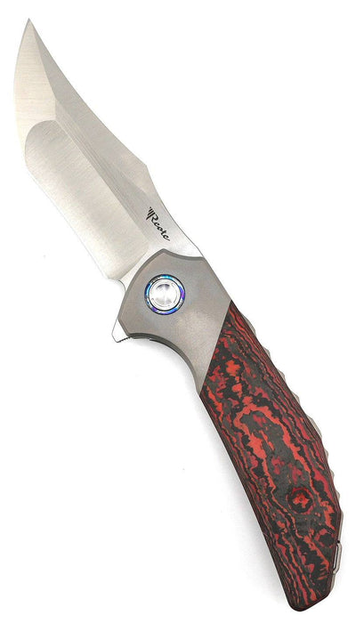 Reate Knives Tiger Liner Lock Flipper 3.75" M390 Satin Compound Recurve Tanto Blade, Lava Flow FatCarbon Handles