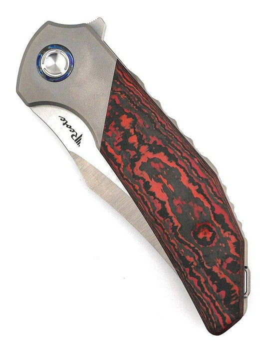 Reate Knives Tiger Liner Lock Flipper 3.75" M390 Satin Compound Recurve Tanto Blade, Lava Flow FatCarbon Handles