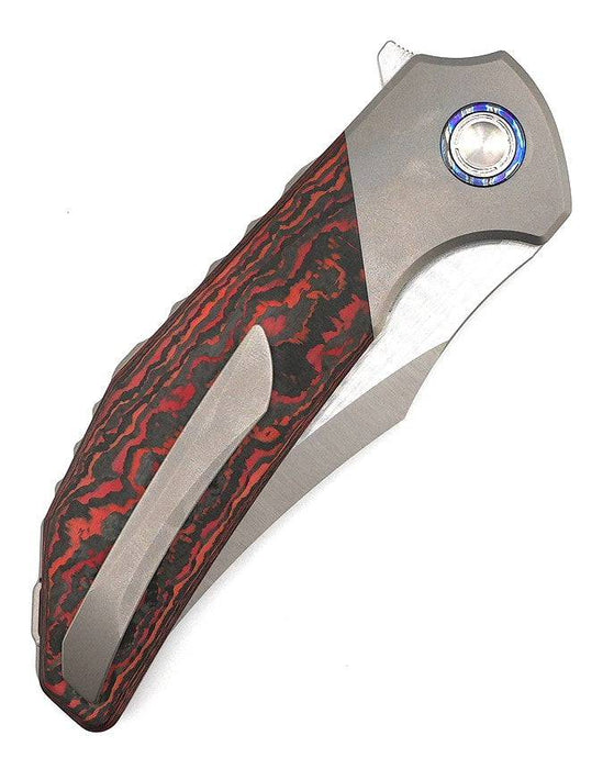 Reate Knives Tiger Liner Lock Flipper 3.75" M390 Satin Compound Recurve Tanto Blade, Lava Flow FatCarbon Handles