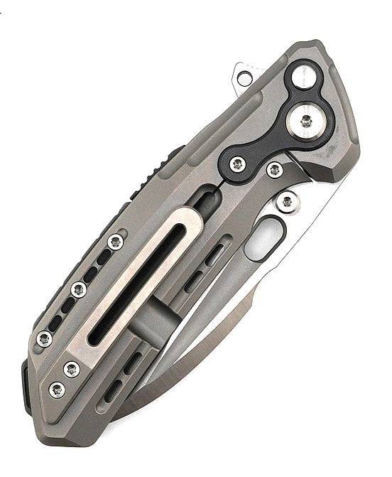 Reate T6000 Frame Lock Flipper Knife 3.1" M390 Belt Satin Drop Point Bead Blasted Titanium Handles Zirconium Spacer