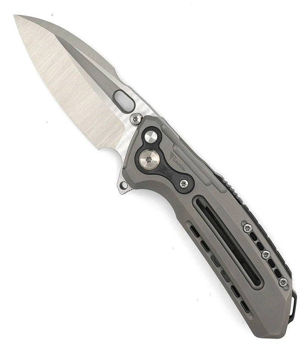 Reate T6000 Frame Lock Flipper Knife 3.1" M390 Belt Satin Drop Point Bead Blasted Titanium Handles Zirconium Spacer