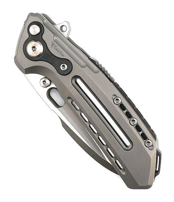 Reate T6000 Frame Lock Flipper Knife 3.1" M390 Belt Satin Drop Point Bead Blasted Titanium Handles Zirconium Spacer