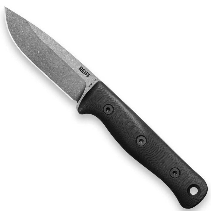 Reiff Knives F4 Bushcraft Fixed Blade 4" CPM-3V Acid Stonewashed Drop Point Black G10 Handles Kydex Sheath