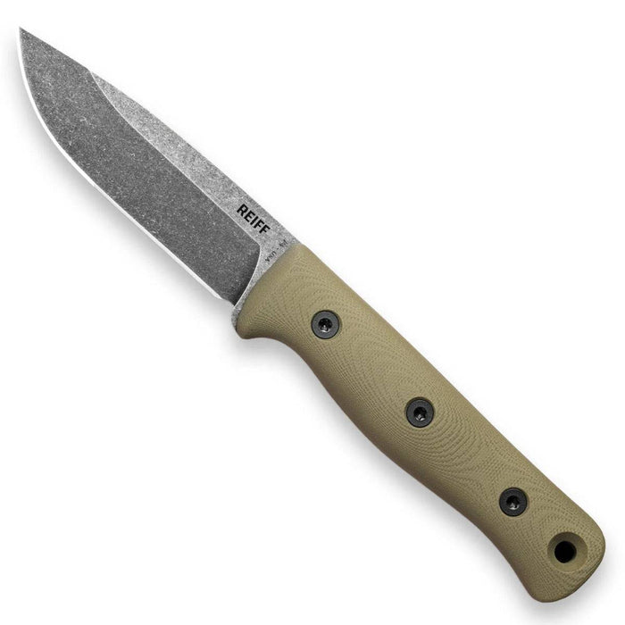 Reiff Knives F4 Bushcraft Fixed Blade 4" CPM-3V Acid Stonewashed Drop Point OD Green G10 Handles Kydex Sheath