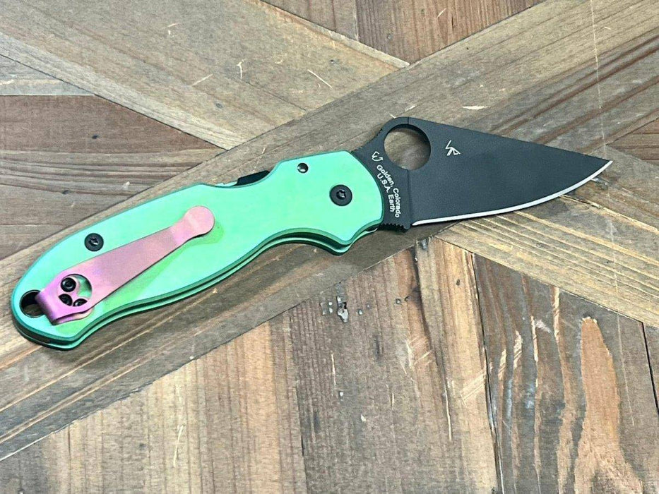 Custom Spyderco Para 3 Knife 3" S45VN Black Blade, Titanium Handles Clip "SeaFoam" (USA)