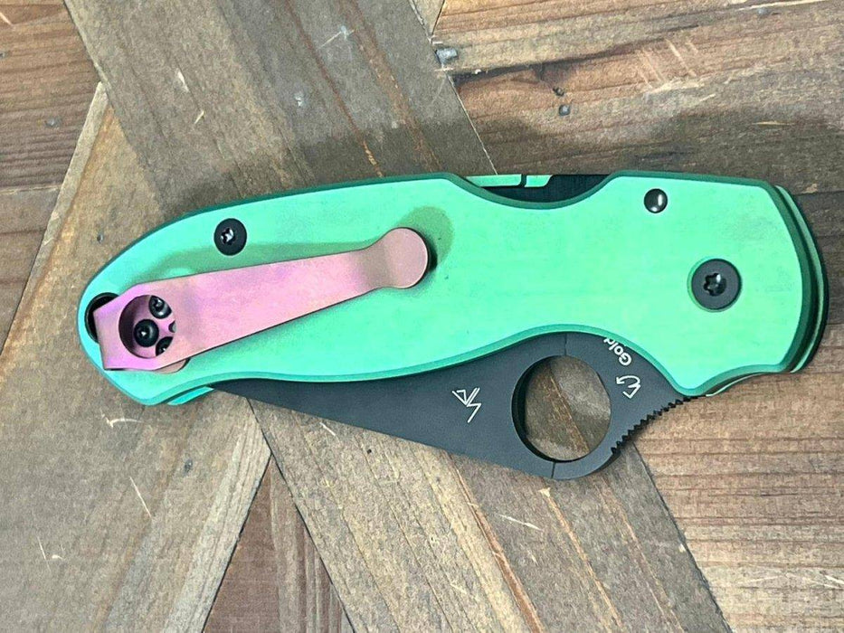 Custom Spyderco Para 3 Knife 3" S45VN Black Blade, Titanium Handles Clip "SeaFoam" (USA)