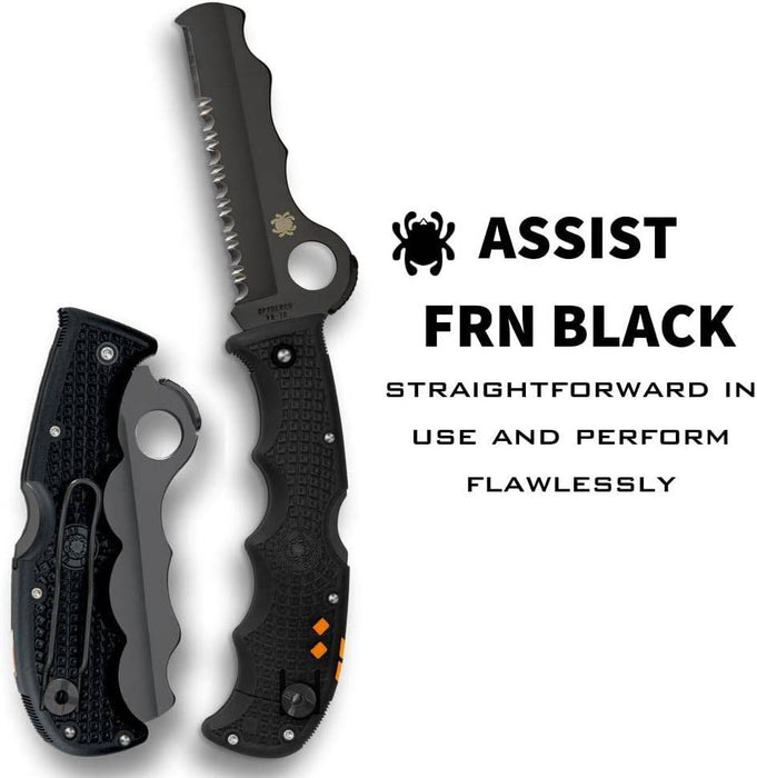 Spyderco Assist Rescue Folding Knife 3-11/16" VG10 Black Combo Blade Black FRN Handles Whistle C79PSBBK