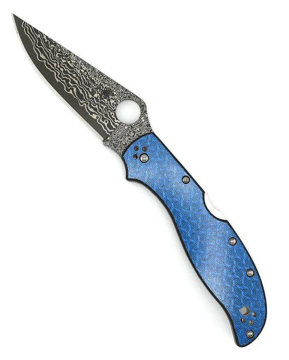 Spyderco Stretch 2XL Sprint Run Folding Knife 3.96" Damascus VG10 Core Plain Blade Blue Nishijin Glass Fiber Handles