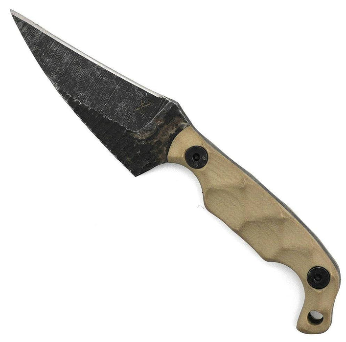 Stroup Knives Mini2 EDC Fixed Blade Knife 3.125" 1095 Hand Carved Pike Blade Milled Tan G10 Handles Kydex Sheath