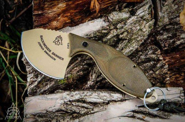 TOPS Backwoods Skinner SKIN-01 Fixed 3" Coyote Tan Blade Gut Hook OD Green Micarta Handles