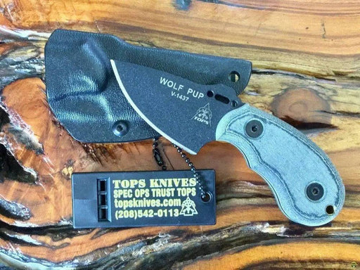 TOPS Wolf Pup Black 1095 Carbon Blade Linen Micarta Handles