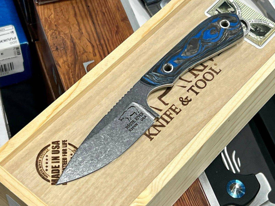 White River Custom M1 Carbon Fiber Blue G10 Hybrid Burl S35VN (USA)