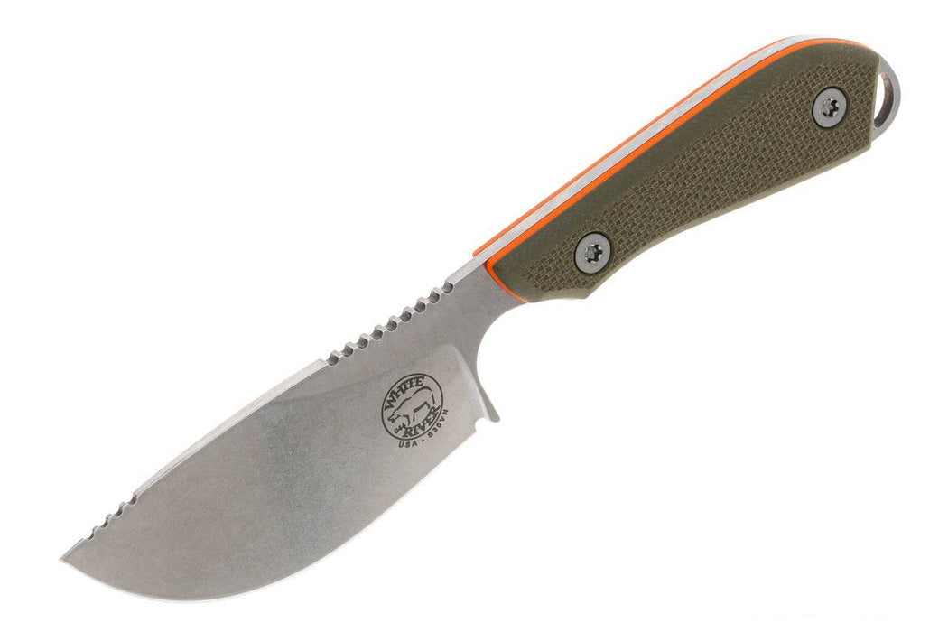 White River M1 Skinner Stonewashed S35VN Blade Green & Orange Textured G-10 Kydex Sheath